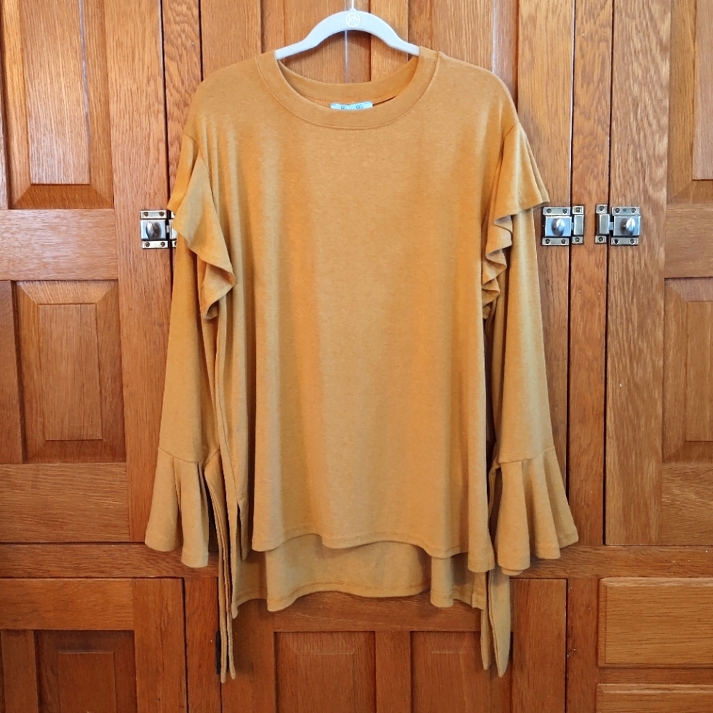 She + Sky mustard yellow ruffled long sleeve jersey knit top
